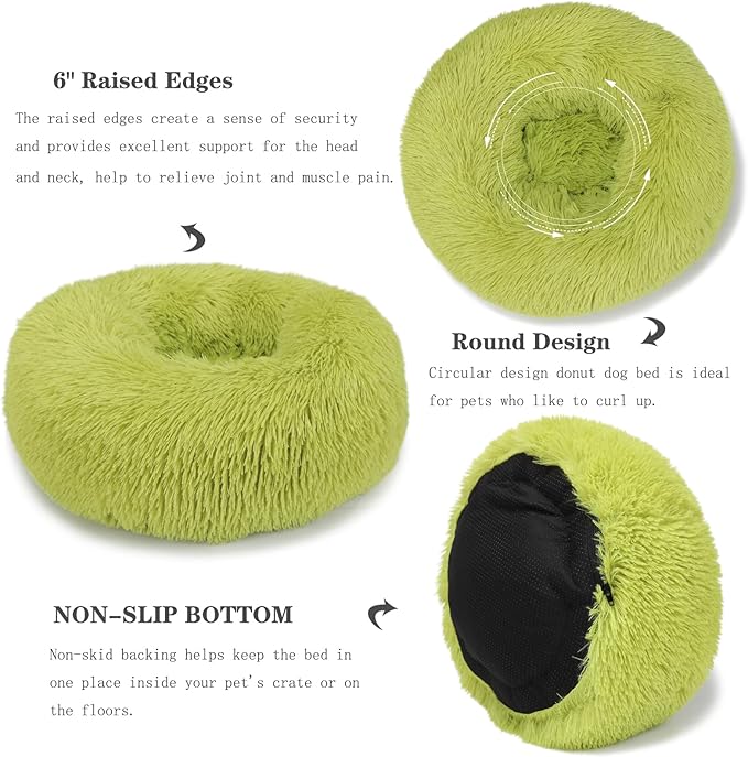 Calming Donut Dogs Beds for Small Dogs Washable,19inch Fluffy Round Puppy Bed for Puppies,Cats & Toy Breeds with Raised Rim,Fits up to 15 lbs Pets,Green