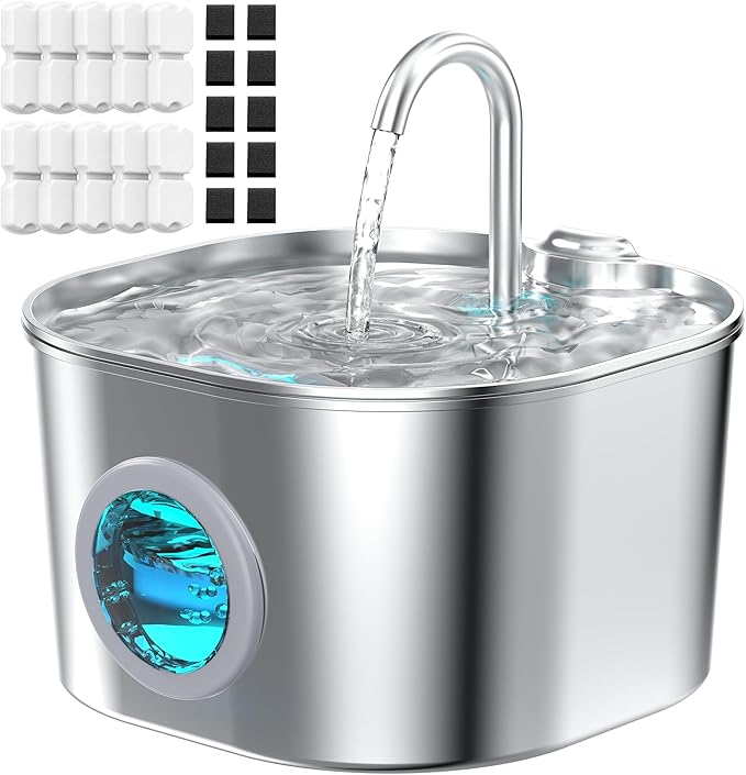 Cat Water Fountain Stainless Steel: Pet Fountains with 10 Filters + 10 Sponges 2.2L Cats Automatic Waterer Bowls for Drinking Small Dog Water Dispenser Indoor HOOISE Metal Kitty Watering Silent