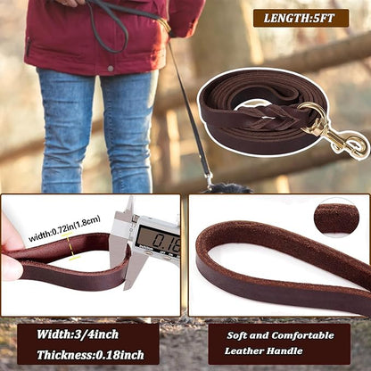 Leather Dog Leash 5ft x 3/4 inch, Heavy Duty Leather Braided Dog Training Leash, Strong and Comfortable Leashes for Large, Medium, Small Dogs