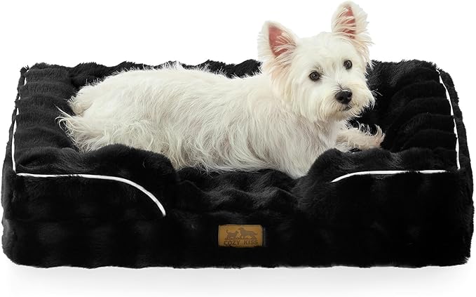 COZY KISS Orthopedic Dog Bed for Medium Small Size Dog, Soft and Warm Faux Fur Sofa for Pet Up to 40 lbs, Foam Bolster Anti-Slip Couch with Washable Removable Cover, M 30x20x6.5 inch, Black