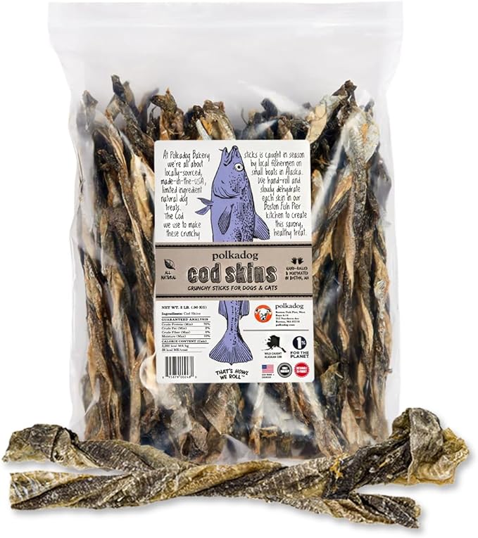 Polkadog Cod Skins for Dogs (2lb Regular) - Single Ingredient, Wild-Caught Fish Skin Dog Treats for All Breeds – High in Lean Protein & Omega-3. Hypoallergenic, Grain Free. Handcrafted & Made in USA