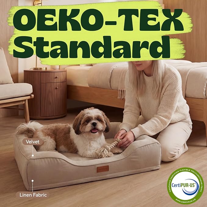 hush bone 28 Inch Orthopedic Dog Couch Bed for Medium Dogs Up to 30 lbs,Cooling Gel Memory Foam + Egg Crate Foam,Waterproof Removable Washable Cover,4-Sided Bolster,Non-Slip Bottom,Beige