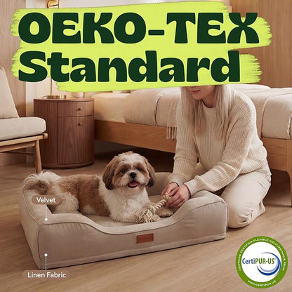 hush bone 28 Inch Orthopedic Dog Couch Bed for Medium Dogs Up to 30 lbs,Cooling Gel Memory Foam + Egg Crate Foam,Waterproof Removable Washable Cover,4-Sided Bolster,Non-Slip Bottom,Beige