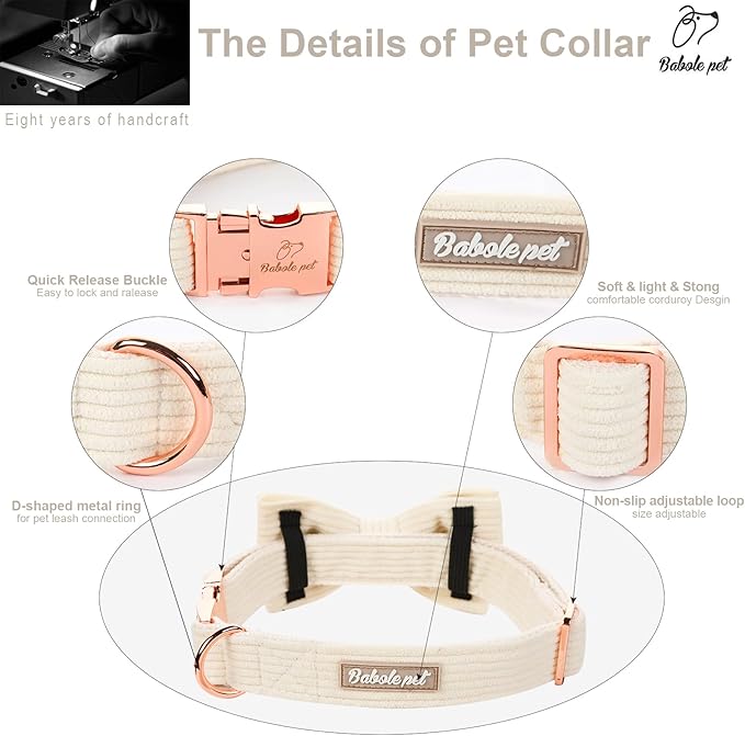 White Dog Collars for Large Dog,Cute Corduroy Dog Collar with Bow Tie Safety Metal Buckle Adjustable Puppy Collars for Small Medium Large Boy&Girl Dogs,L-Neck 16"-24"