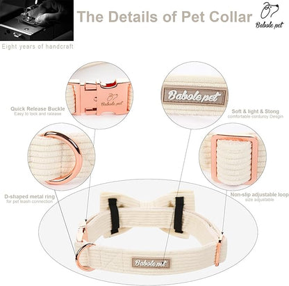 White Dog Collars for Small Dog,Cute Corduroy Dog Collar with Bow Tie Safety Metal Buckle Adjustable Puppy Collars for Small Medium Large Boy&Girl Dogs,XS-Neck 8"-12"