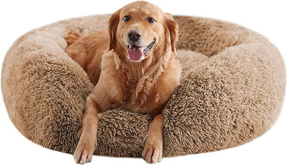 URGVANZ PET Calming Dog Beds for Large Dogs, Faux Fur Donut Cuddler Dog Bed, Round Fluffy Pillow, Washable Pet Bed for Dogs Up to 80Lbs, 36inch
