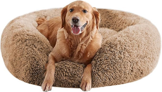 URGVANZ PET Calming Dog Beds for Large Dogs, Faux Fur Donut Cuddler Dog Bed, Round Fluffy Pillow, Washable Pet Bed for Dogs Up to 80Lbs, 36inch