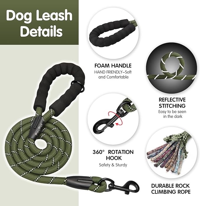 PoyPet No Pull Dog Harness and 5 Feet Leash Set, Release on Neck Reflective Adjustable Pet Vest, Front & Back 2 D-Ring and Soft Padded Pet Harness with Handle for Small to Large Dogs(Military Green,L)