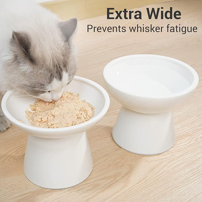 CEEFU 2 Elevated Ceramic Cat Bowls Extra Wide for Food & Water – Whisker Fatigue Shallow Food Dish, Lead & Cadmium-Free, Raised Height for Cats and Dogs, Two Different Depth Bowls, White
