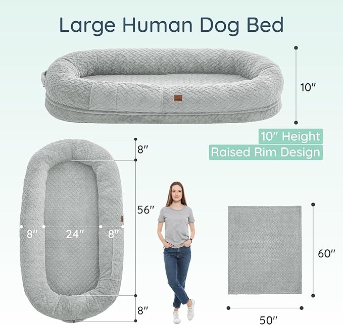 Human Dog Bed for Adult - Luxury Faux Fur Giant Size Dog Bed with Portable Handle, Egg Orthopedic Foam with Blanket, 72"x40"x10", Light Grey