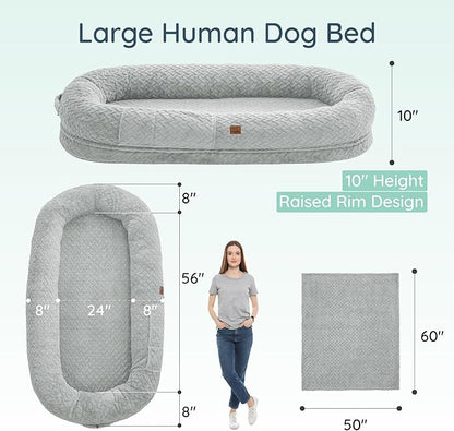 Human Dog Bed for Adult - Luxury Faux Fur Giant Size Dog Bed with Portable Handle, Egg Orthopedic Foam with Blanket, 72"x40"x10", Light Grey