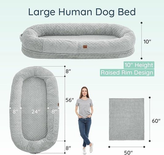 Human Dog Bed for Adult - Luxury Faux Fur Giant Size Dog Bed with Portable Handle, Egg Orthopedic Foam with Blanket, 72"x40"x10", Light Grey