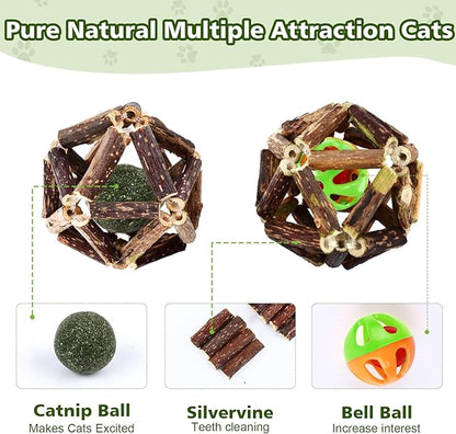 Catnip Chew Toys for Cats, 24 Pack Cat Toys with Silvervine Sticks, Natural Silvervine Stick Cage Balls & Bell Balls for Indoor Cats