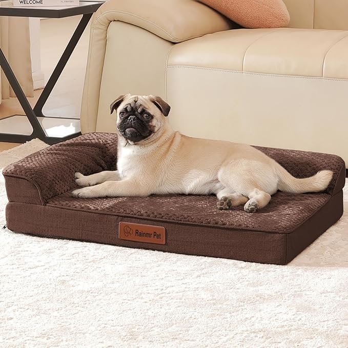 Rainmr Orthopedic Dog Bed for Small and Medium Dogs, Memory Foam Pet Bed with Washable Removable Cover, Nonskid Bottom, Waterproof, for Indoor, Outdoor, Crate ＆ Car Use, 30x20x6 Inches, Brown Grey