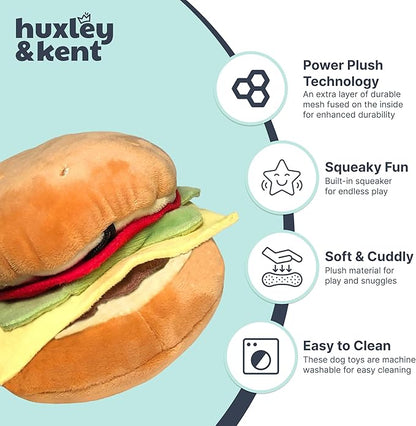 Huxley & Kent Funny Dog Toy w/Squeaker – Power Plush Squeaky Dog Toys for Small, Medium & Large Dogs – Soft Stuffed Animal for Indoor Play & Fetch - Hamburger, Large