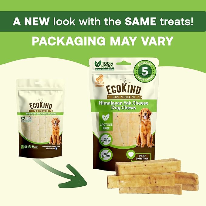 EcoKind Premium Gold Yak Cheese Himalayan Dog Chews, Dog Treats Large Breed, All Natural, High Protein Dog Chew, Peanut Butter, Large - 5 Chews