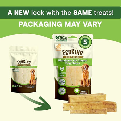 EcoKind Premium Gold Yak Cheese Himalayan Dog Chews, Dog Treats Large Breed, All Natural, High Protein Dog Chew, Peanut Butter, Large - 5 Chews