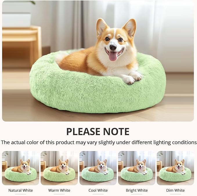JOLLYVOGUE Calming Dog Bed Medium Size Dog, Anti-Anxiety Donut Medium Pet Bed, 31 inches Fluffy Faux Fur Round Cat Bed, Fits up to 45 lbs Pets (Light Green)
