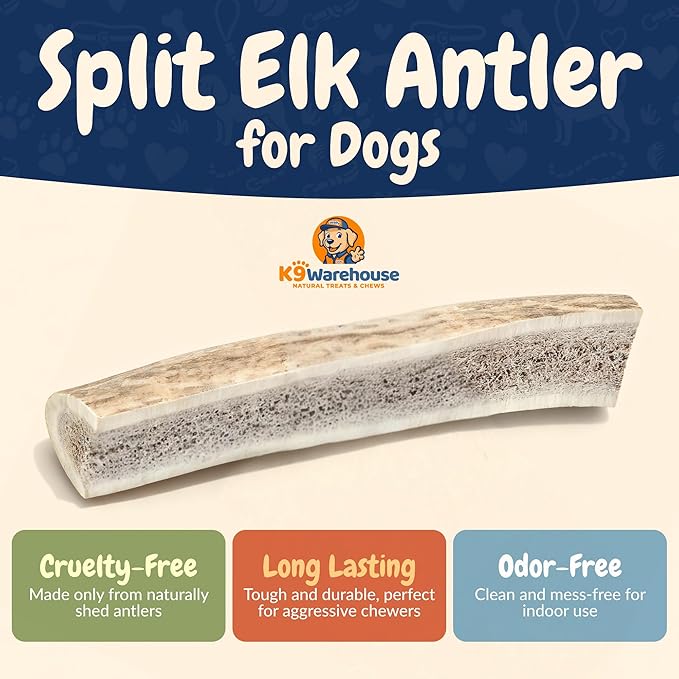 K9warehouse Natural Split Elk Antlers for Dogs - Premium Grade Dog Antler Chews - Long-Lasting Deer Antles Ideal for Aggressive Chewers - Safe USA Sourced Chew for Medium and Large Dogs - 1 Pack