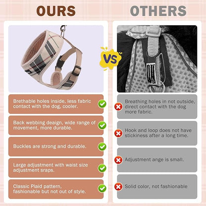 SCENEREAL No Pull Small Dog Harness Collar and Leash Set, Soft Mesh Step in Plaid Puppy Harnesses for Fall Winter, No Chock Adjustable Pet Vest for Outdoor Walking Training and Running, Beige S