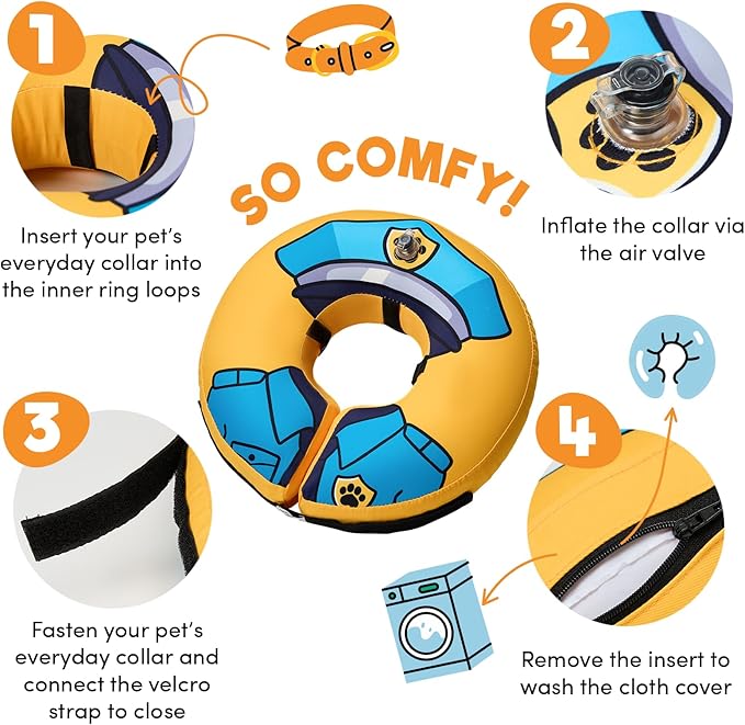 BENCMATE Inflatable Dog Cone Collar Alternative, Soft Dog Cone for Small Medium Large Dogs and Cats, Neck Recovery ECollar Donut Collar After Surgery (Small, Police Officer)