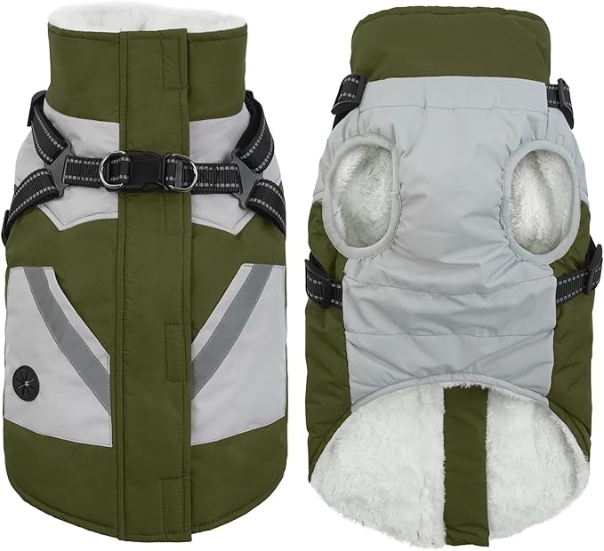 IECOii Warm Small Dog Coat Harness with D Ring - Green, Zip Dog Jacket Winter Reflective, Fleece Lined Snow Jacket, Pet Clothes for Small Dogs, Yorkshire Terrier, Bichon, Shih Tzu