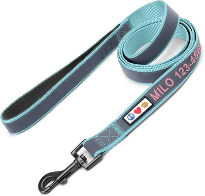 Pawtitas Personalized Teal Dog Leash 6 ft Custom ID Lead for Dogs & Puppies Reflective Comfortable Padded Handle Embroidered Name & Phone Number