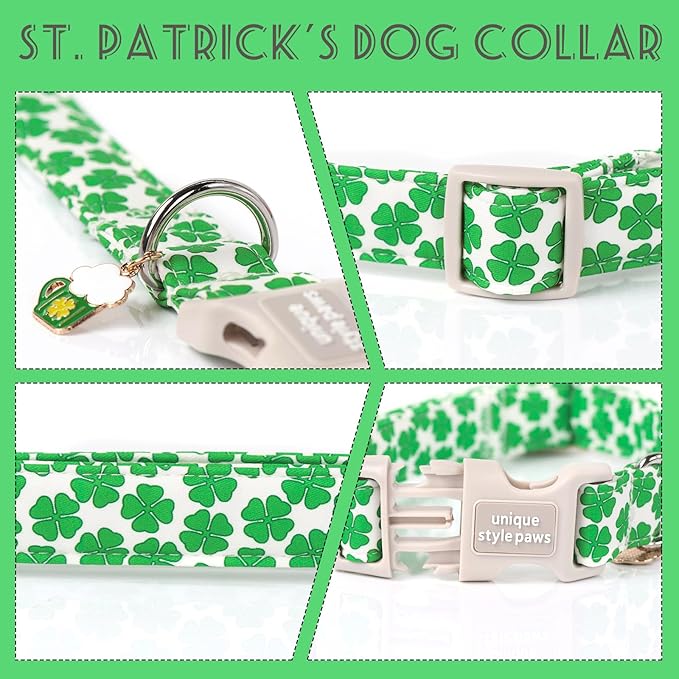 Unique style paws St. Patrick's Dog Collar Plastic Buckle Puppy Collar with Pendant Green Clover for Small Medium Large Boys Girls Dogs