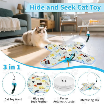 DFQ Interactive Cat Toy,3 in 1 Hide and Seek for Indoor Cats, Rechargeable Touch-Activated Moving Feather Wand with Concealed Motion, Play Toy for Kittens and Adult Cats (Yellow)
