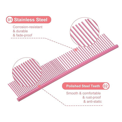PETAXCELL Dog Cat Comb, Pet Combs Stainless Steel Teeth with Rounded Ends for Knots Mats Loose Hair Removal, 7.5IN (Pink Coated, 3 Pack), Grooming Tool Intended for Long Curly Hair Pet