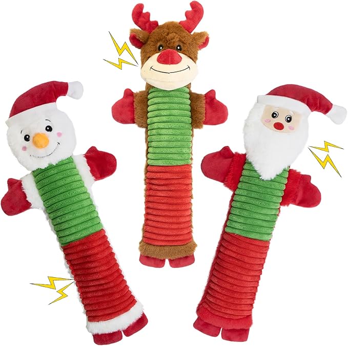 MeetYooo Christmas Squeaky Dog Toys- 3 Pack No-Stuffing Dog Chew Toys with Crinkle and Squeaker- Elk, Santa Claus, Snowman Chew Toys to Keep Them Busy, Tug of War Toys for Medium and Large Dogs