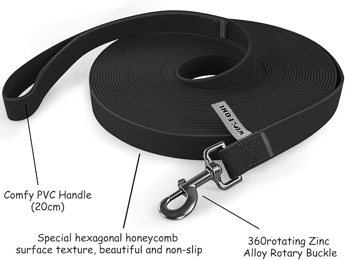Wolfone 15m Black Heavy Duty Robust Training Dog Leash with Anti-Slip Handle，Waterproof Long Dog Leash for Outdoor Activities