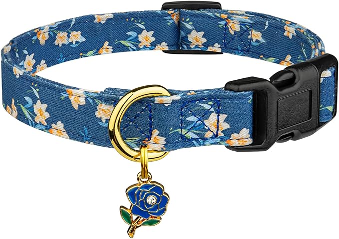Cotton Handmade Dog Collar Cute and Distinctive Patterns Blue Tulip with Pendant for Girl Boy Dogs Collars L