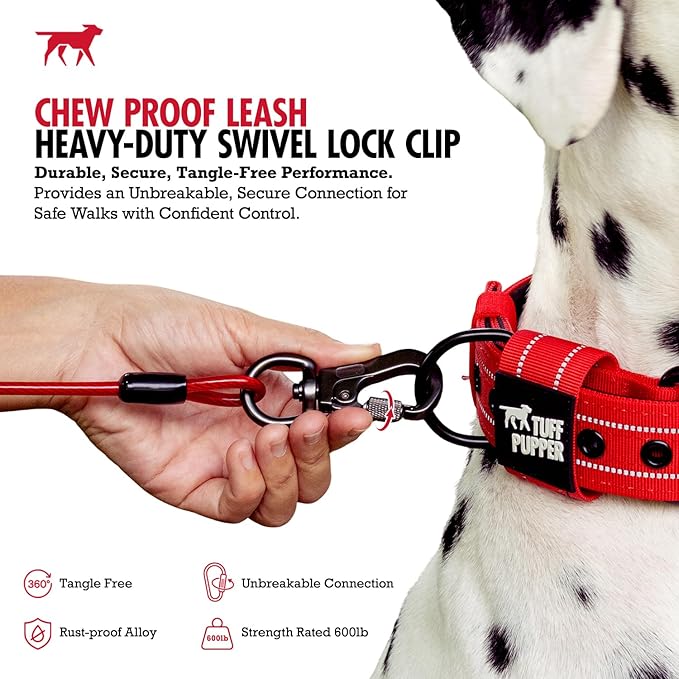 Tuff Pupper Chew Proof Dog Leash | Steel Cable Bite Resistant Lead | Twist Lock Carabiner | Heavy Duty for Large Dogs & Teething Puppies | Comfortable Padded Handle | 4FT & 6FT Lengths (Red, 6 Feet)