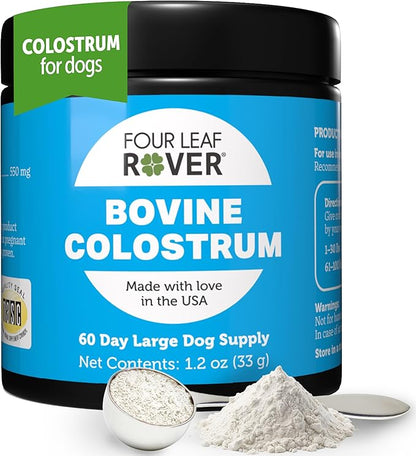 Four Leaf Rover Bovine Colostrum for Dogs - from 100% Grass-Fed New Zealand Cows - for Skin, Gut & Immune Health - 60 Day Large Dog Supply