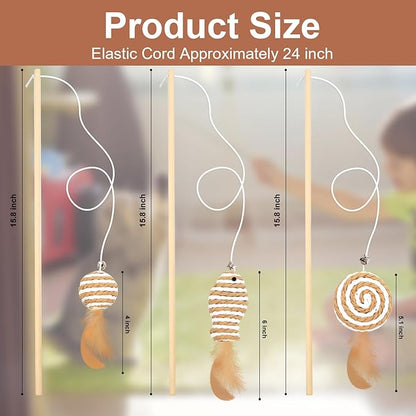 Goosheep 15.8inch 3Pack Interactive Cat Wand Toy for Indoor Cats Teases for Bored Indoor Adult Cats to Chase and Exercise Solid Wood Bell Ball