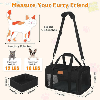 PETUX Airline Approved Pet Carrier - 17x11x9.5 in, Underseat, Top & Side Entry, Soft Sided Cat Dog Carrier for Small Cat & Dog Up to 12 lbs with Anti-Scratch Mesh & Litter Box for Travel & Vet - Black