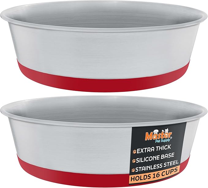 Master Pet Supply Stainless Steel Dog Bowls Set of 2 with Extra Thick Silicone Base - 16 Cup (128 oz) Crimson Red, Non-Slip, Dishwasher Safe Metal Bowls, Pet Dog Food Bowl for Dogs, Cats, Anti Rust