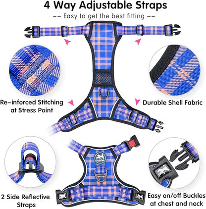 PoyPet No Pull Dog Harness, Reflective Adjustable No Choke Pet Vest with Front & Back 2 Leash Attachments, Soft Control Training Handle for Small Medium Large Dogs(Checkered Blue & Orange,L)