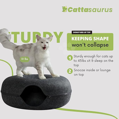 Cattasaurus Peekaboo Cat Cave Donut for Multiple & Large Cats up to 30-45 lbs, 3-in-1 Self Warming Cat Bed, Tunnel & Scratcher for Indoor Cats, Washable & Detachable Small Dog Bed (Dark Gray, Jumbo)