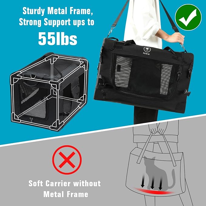 PEGIC Extra Large Cat Carrier for Car Travel, Pegic Soft Sided Collapsible Pet Carrier for Outdoor and Indoor Uses, Roomy Cat Carrier for 2 Kittens, Large Cat or Puppies Up to 50lbs (Black)