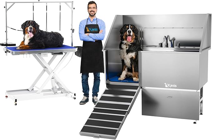 KANIS 61" Professional Stainless Steel Dog Bathing Station, Left RAMP + 49" Professional Electric Dog Grooming Table, White