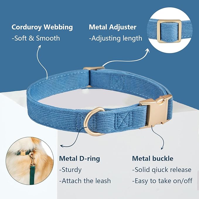 Ewinoom Soft Corduroy Dog Collar and Leash Set Adjustable Durable Dog Collars with Metal Buckle and Lead for Large Dogs,Royal Blue