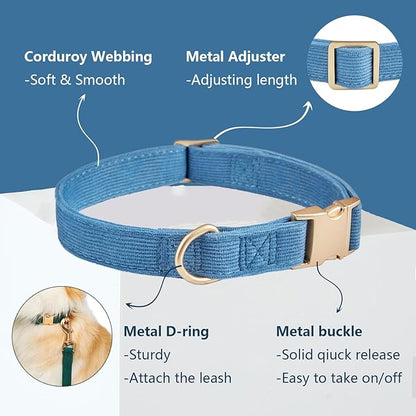 Ewinoom Soft Corduroy Dog Collar and Leash Set Adjustable Durable Dog Collars with Metal Buckle and Lead for Large Dogs,Royal Blue