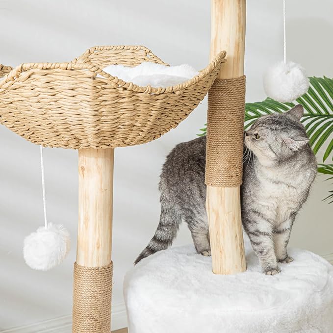 PISARRY Cat Tree Tower, 46 inch Modern Cat Tree for Indoor Cats Large Adult, Luxury Cat Condo with Scratching Post, Real Solid Wood Branch Indoor Boho Furniture, Climbing Tower, White