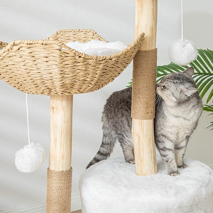 PISARRY Cat Tree Tower, 46 inch Modern Cat Tree for Indoor Cats Large Adult, Luxury Cat Condo with Scratching Post, Real Solid Wood Branch Indoor Boho Furniture, Climbing Tower, White