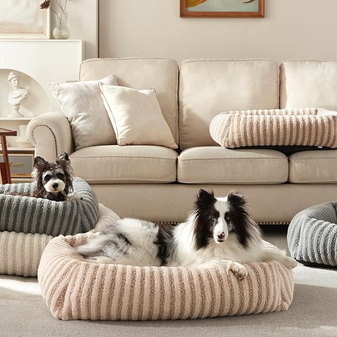 MIXJOY Dog Bed for Medium Small Size Dog, Washable Medium Dogs Bed with Removable Cover, Rectangle Doggy Ded Fluffy Plush Faux Fur Pet Bed with Anti-Slip Bottom, 25"x21"x7", Beige