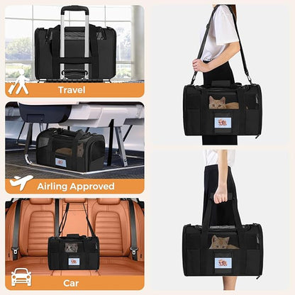 FOORLON Cat Carrier Soft for Pets Up to 25 Lbs, Cat Travel Bag with Padded Shoulder Strap and Detachable Cat Food Bowl, Pet Dog Carriers for Small Dogs Travel Puppy Carry Airline Approved, Black
