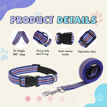 Reflective Dog Collar and Leash Set, Nylon Dog Leash with Heavy-Duty Steel D-Ring, Adjustable with Quick Release Buckle for Large Dogs, Dark Blue L