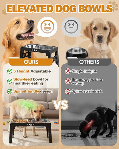 Elevated Dog Bowls, Dog Feeder with 1*Stainless Steel Dishes & 1*Slow Feeder Bowl, 5 Heights Adjustable Raised Stand for Medium Large, Food Dishes with Non-Slip Feet